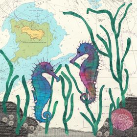 Coastal themed textile art using recycled maps