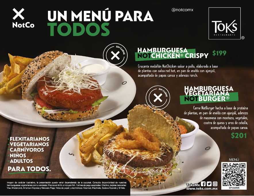 Toks en alianza con NotCo, lanzan un menú para todos hecho a base de plantas