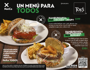 Toks en alianza con NotCo, lanzan un menú para todos hecho a base de plantas