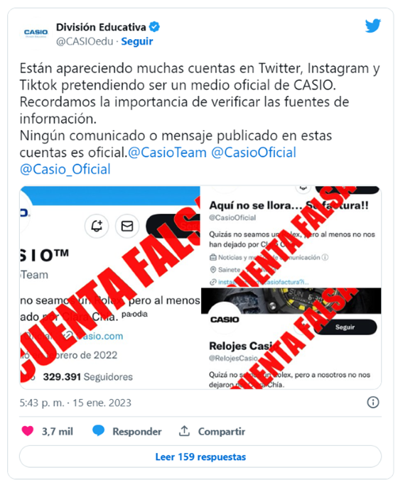 Cuentas falsas de CASIO en Twitter: ejemplo de oportunismo utilizado para el fraude
